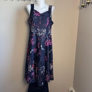 Gabby Skye Dark Floral Fit & Flare Sleeveless Midi Dress Navy Blue Womens 16